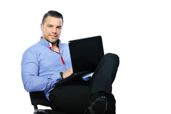 Confident man with notebook computer isolated on white — Stock Photo, Image