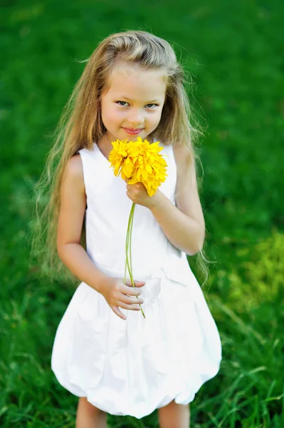 Sweet little girl with smell flower in a park - outdoor portrait — Stock Photo, Image