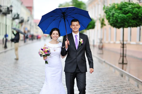 Happy wedding couple walking together Stock Picture