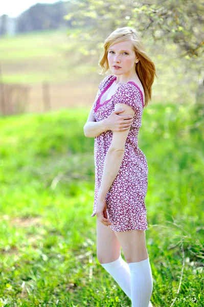Güzel kız portre bir çayır üzerinde — Stok fotoğraf