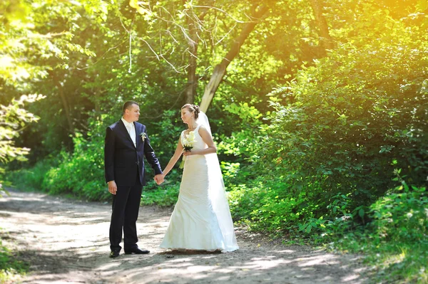 Happy bride and groom walking in a summer park — Stock Photo, Image