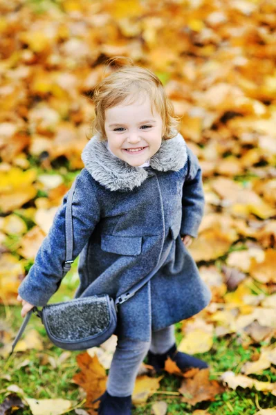 Carina bambina che gioca nel parco autunnale — Foto Stock