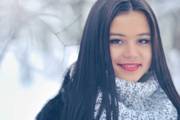Szépség lány a téli háttér — Stock Fotó