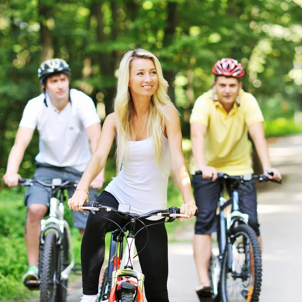 Retrato de jovem bonita com bicicleta em um parque com dois m — Fotografia de Stock