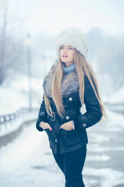 Mulher beleza no cenário de inverno — Fotografia de Stock