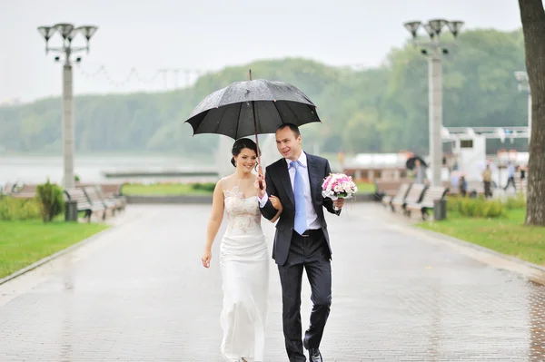 Sensual wedding couple, groom and bride laughing and walking tog — Stock Photo, Image