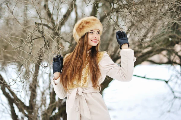 Attraente giovane ragazza sorridente in un parco invernale — Foto Stock