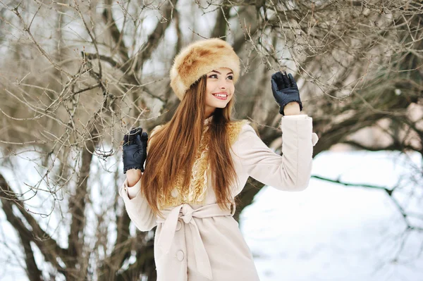 Atractiva joven sonriente chica en un parque de invierno — Foto de Stock