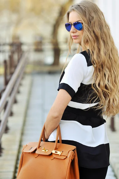 Elegant beautiful woman holding a bag in sunglasses — Stock Photo, Image