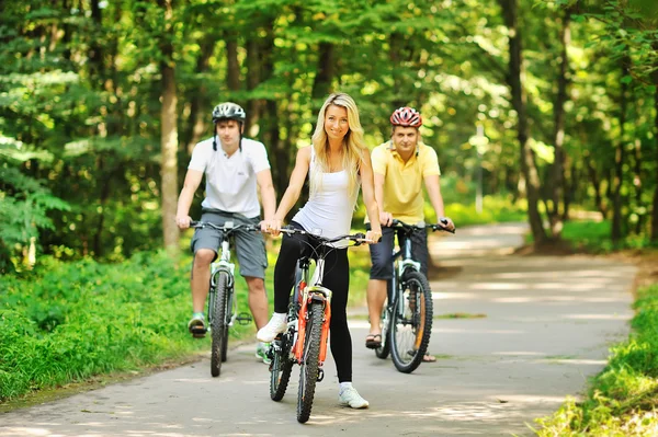 Grupp av attraktiva glada människor på cyklar på landsbygden — Stockfoto