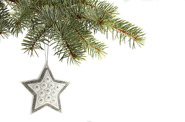 Silver star Christmas tree ornament hanging from a pine tree branch isolated against white — Stock Photo, Image