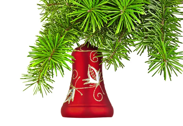 Christmas red bell on new year tree — Stock Photo, Image