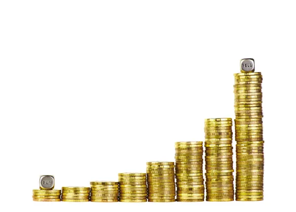 Business chart is made from golden coins, shows an increase and — Stock Photo, Image