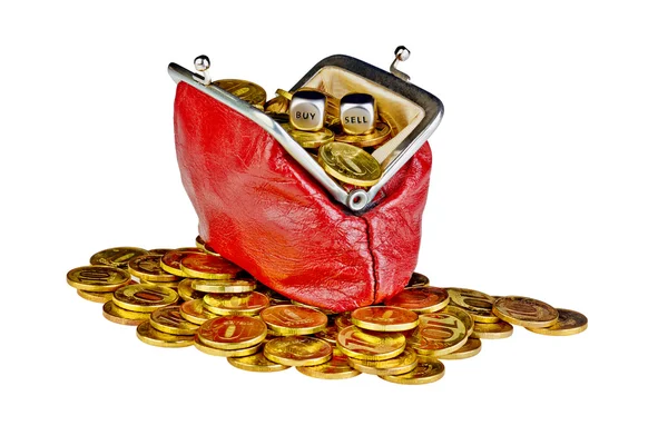 Open old red purse with gold coins and dices with words Sell Buy — Stock Photo, Image