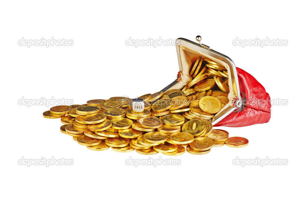 Scattered gold coins are in red purse, isolated on white backg