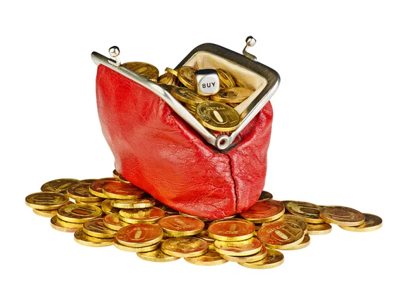 Aprire la vecchia borsa rossa con monete d'oro e il cubo a dadini con il — Foto Stock