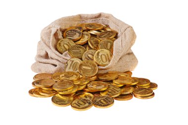 Gold coins fall out of a canvas bag