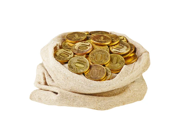 Canvas bag filled with coins. A white background. Isolated. — Stock Photo, Image