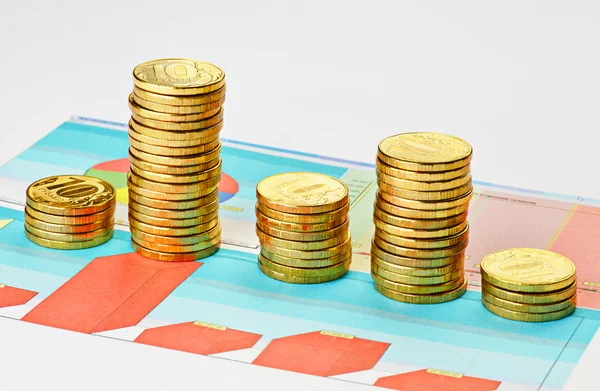 Coins on multi-colored graph. Selective focus — Stock Photo, Image