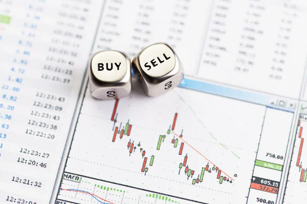 Dices cubes with the words SELL BUY on downtrend financial diagr — Stock Photo, Image