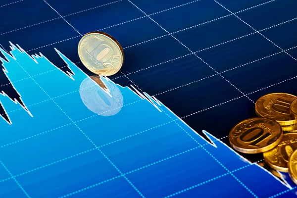 Golden coins on downtrend chart. Selective focus — Stock Photo, Image