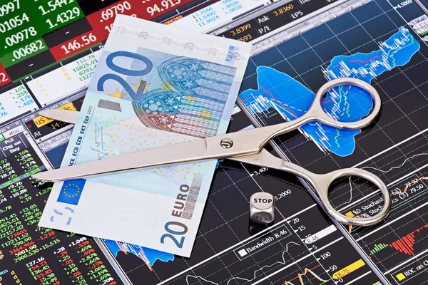 Euro banknot, kesme makası dices küp kelime stop.