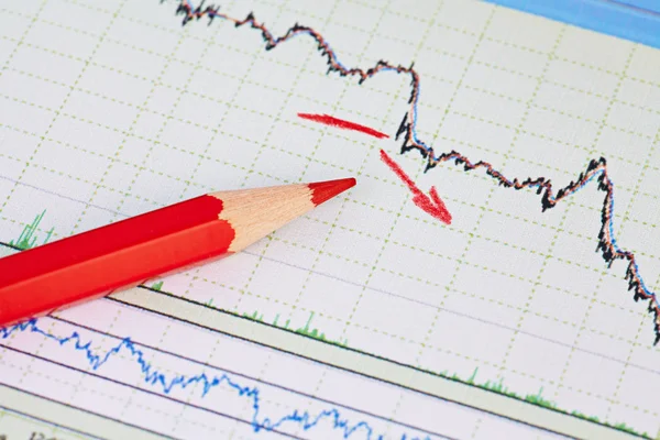 Abwärtstrend Finanzmarktchartkonzept mit rotem Pfeil. selecti — Stockfoto