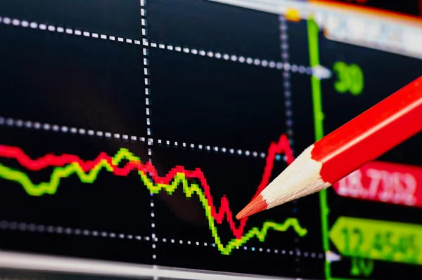Gráfico financiero de tendencia a la baja con el lápiz rojo. Enfoque selectivo — Foto de Stock