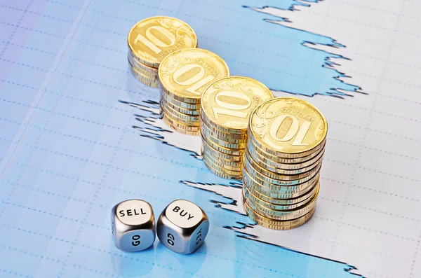 Dices cubes with the words SELL BUY, uptrend stacks of golden co — Stock Photo, Image