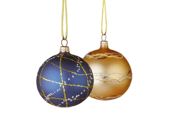 Christmas decoration. Blue and yellow balls on white background — Stock Photo, Image