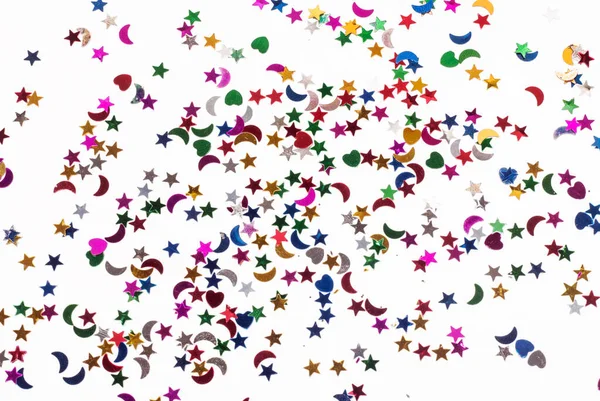 Colored Sequins Form Hearts Stars Crescents White Background — Stock Photo, Image