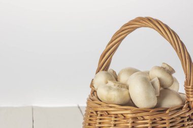 Beyaz arkaplandaki sepetteki şampiyonlar boşluğun bir kopyasıyla yakın plan çekimde..