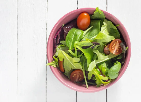 Plate Salad Mix White Wooden Background Copy Space — Fotografia de Stock