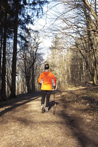 Donna sportiva Nordic walking attraverso il paese — Foto Stock