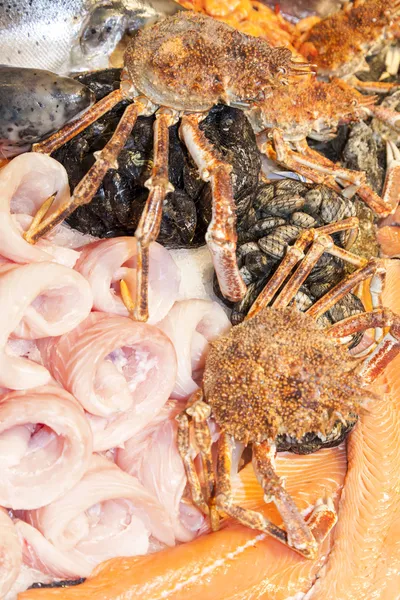 Frutas frescas del mar en el mercado de pescado — Foto de Stock