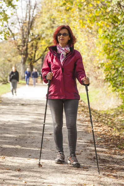 Sportliche, süße Nordic-Walking-Frau im Herbst Langlauf — Stockfoto