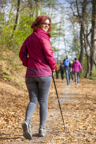 Sportliche, süße Nordic-Walking-Frau im Herbst Langlauf — Stockfoto