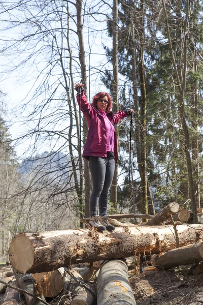 Niedliche Wanderin winkt Hallo in den Bergen — Stockfoto