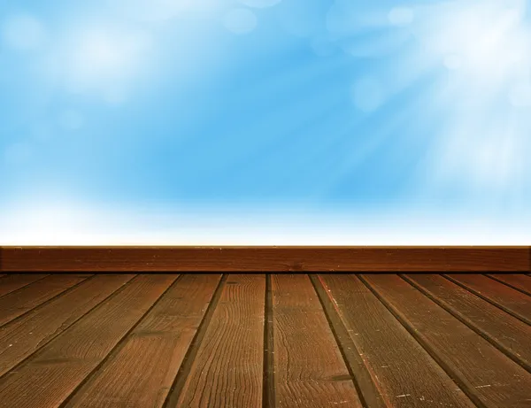青い空と木製の床、背景 — ストック写真