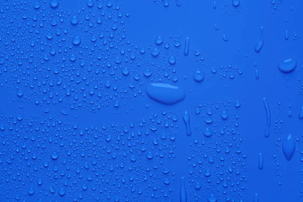 Gouttes Eau Sur Surface Couleur Bleue — Photo