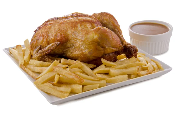 Roasted chicken and french fries — Stock Photo, Image