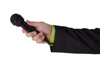 Man's hand holding a microphone clipart