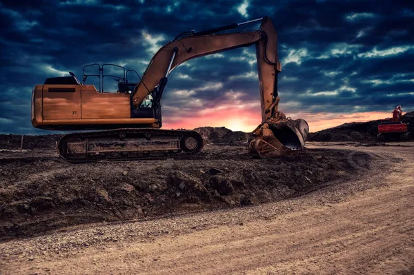 Excavating Machinery Construction Site Sunset Background — Stock Photo, Image
