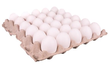 A group of fresh eggs in the paper tray disposed by diagonal, isolated on white background. Cut out.
