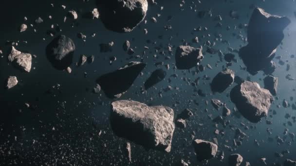 Render Animation Asteroids Field Deep Blue Space Slow Panoramic Cinematic — Vídeo de stock