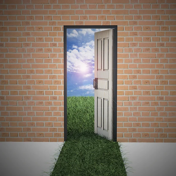 Open door from brick wall to new life . — Stock Photo, Image