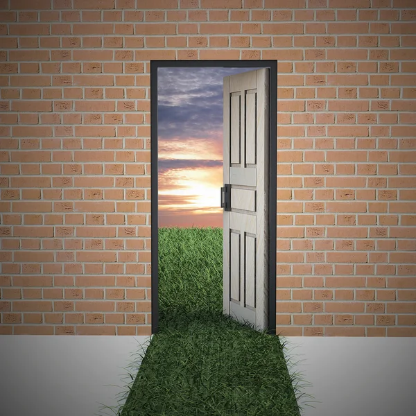 Open door to new life from brick wall. — Stock Photo, Image