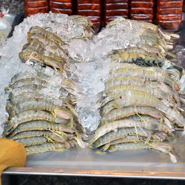 Camarones Mantis con hielo en el mercado fresco —  Fotos de Stock