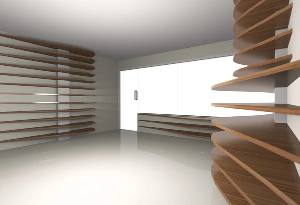 Abstraktní interiér s horizontální dřevěné police — Stock fotografie