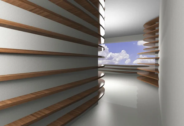 Abstraktní interiér s křivkou dřevěné police — Stock fotografie